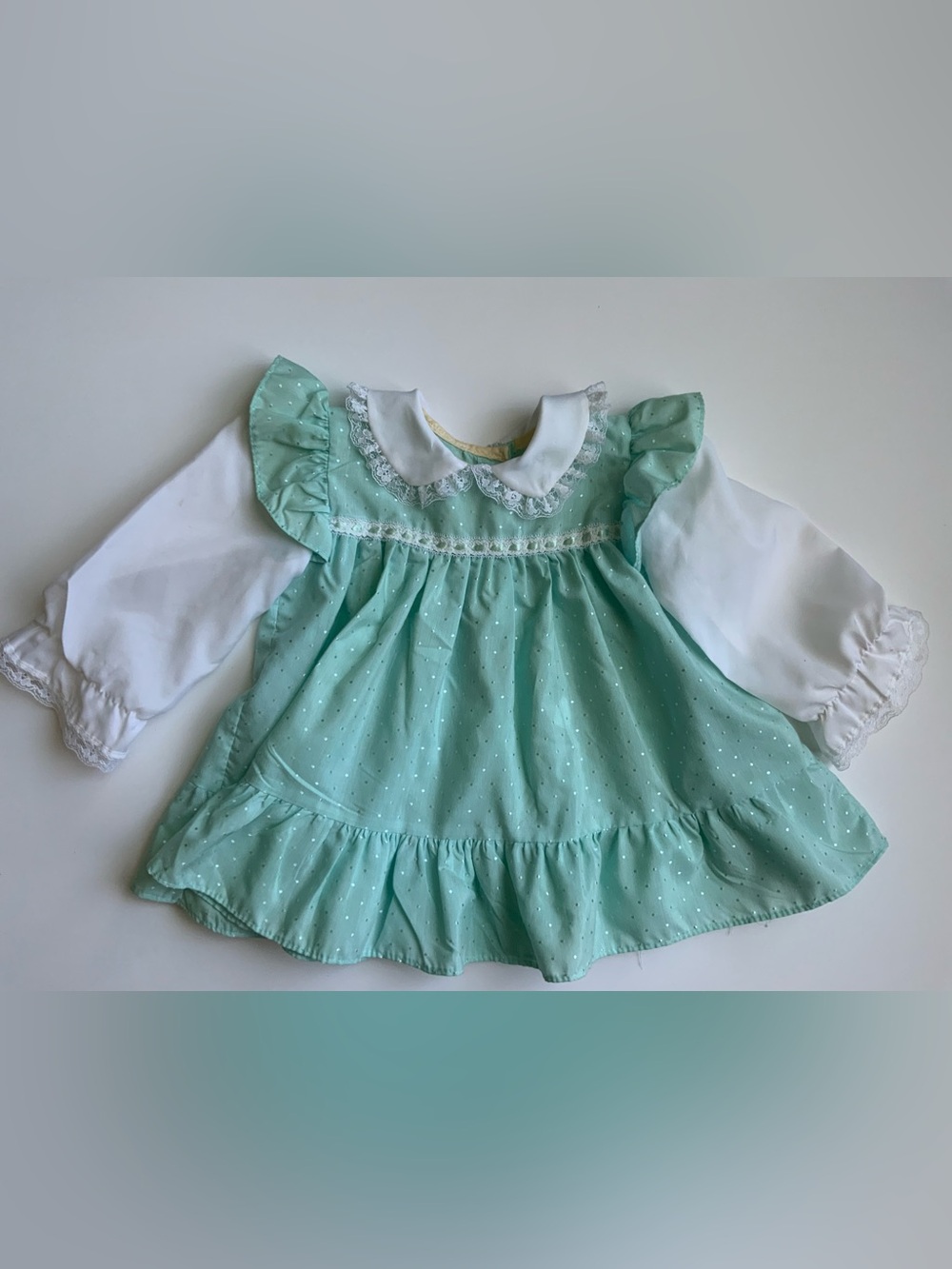 Girls' Mint Green Dot Dress with Lace Collar